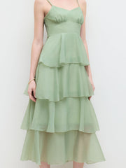 V-neck Ruffle Layered Shirred Maxi Dress