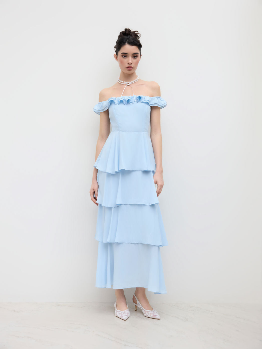 Off-shoulder Ruffle Layered Shirred Maxi Dress