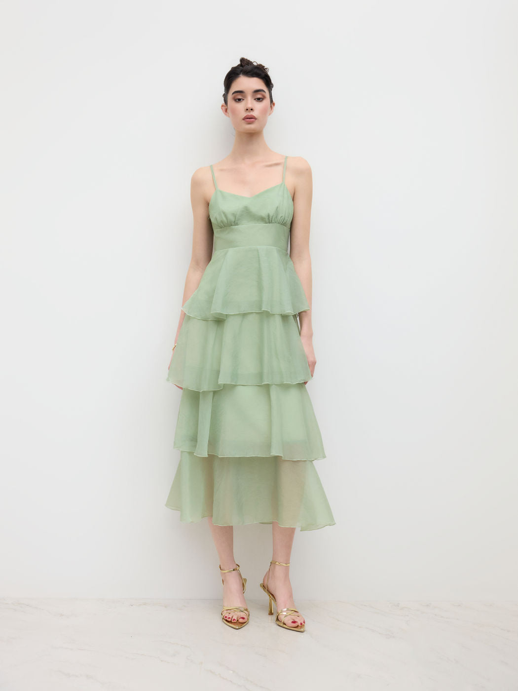 V-neck Ruffle Layered Shirred Maxi Dress