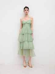 V-neck Ruffle Layered Shirred Maxi Dress