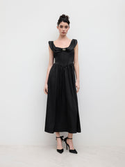 Square Neck Rhinestone Bowknot Corset Ruffle Maxi Dress