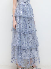 Mesh Square Neck Floral Sequin Tulle Layered Maxi Dress