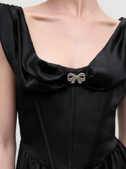 Square Neck Rhinestone Bowknot Corset Ruffle Maxi Dress