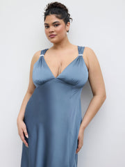 Satin V-neck Faux Pearl Ruffle Maxi Dress Curve & Plus