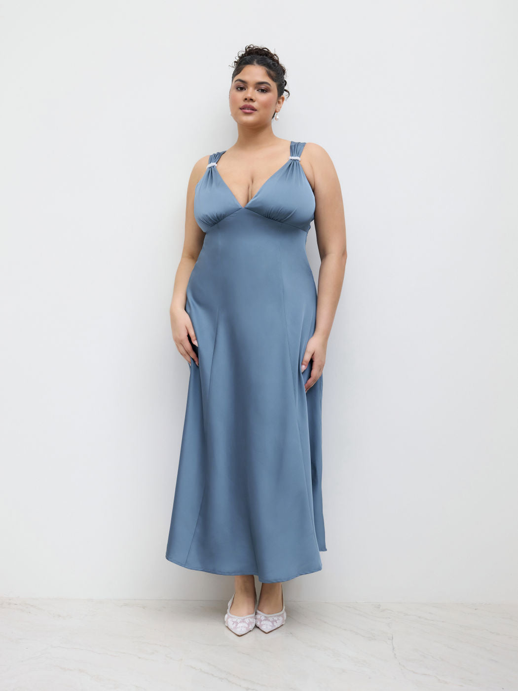Satin V-neck Faux Pearl Ruffle Maxi Dress Curve & Plus