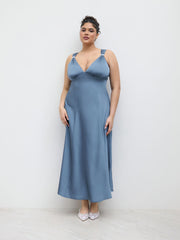 Satin V-neck Faux Pearl Ruffle Maxi Dress Curve & Plus