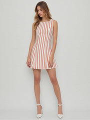 Boat Neck Stripe Tie Back Knotted Mini Dress