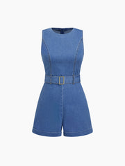 High Stretch Denim Roll Hem Romper With Belt