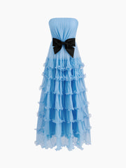 Mesh Bowknot Lettuce Trim Bandeau Maxi Dress