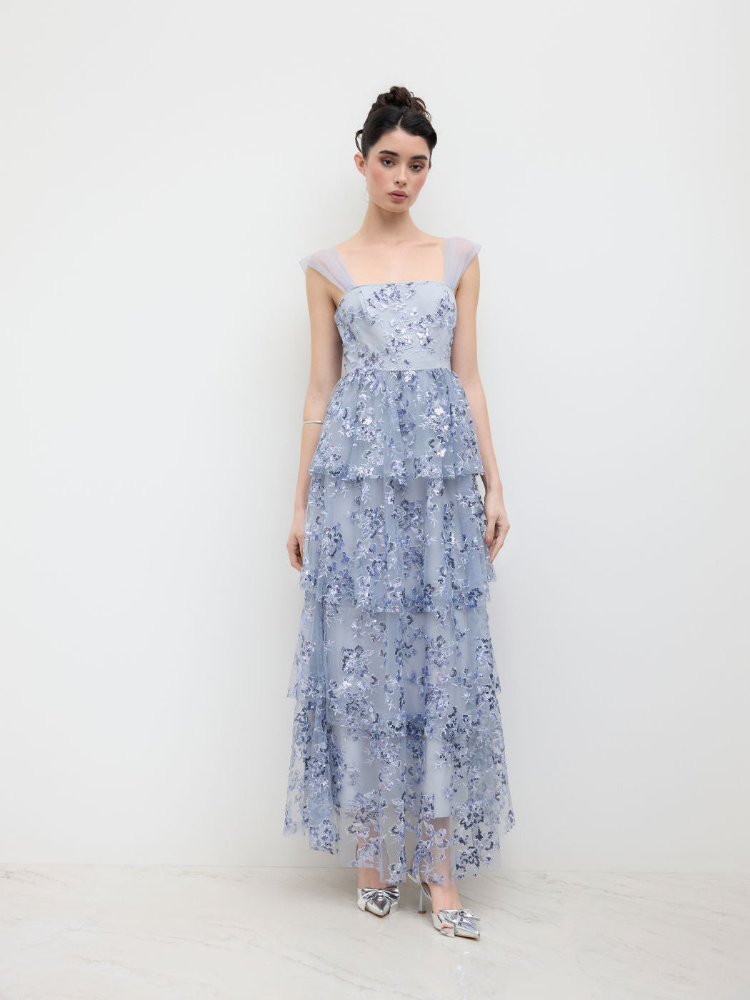 Mesh Square Neck Floral Sequin Tulle Layered Maxi Dress