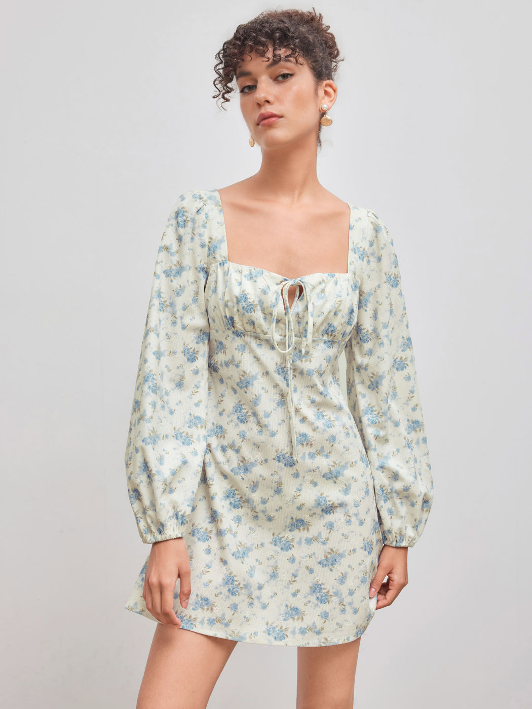 Corduroy Square Neck Floral Knotted Mini Dress