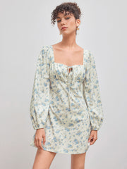 Corduroy Square Neck Floral Knotted Mini Dress