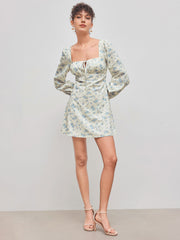 Corduroy Square Neck Floral Knotted Mini Dress