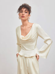 Satin Cowl Neckline Solid Ruffle Hem Long Sleeve Blouse