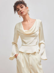 Satin Cowl Neckline Solid Ruffle Hem Long Sleeve Blouse