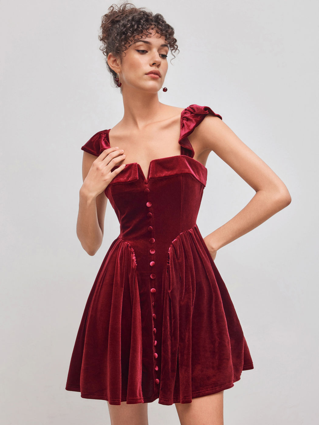 Velvet Square Neck Solid Ruffle Zipper Mini Dress