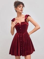 Velvet Square Neck Solid Ruffle Zipper Mini Dress