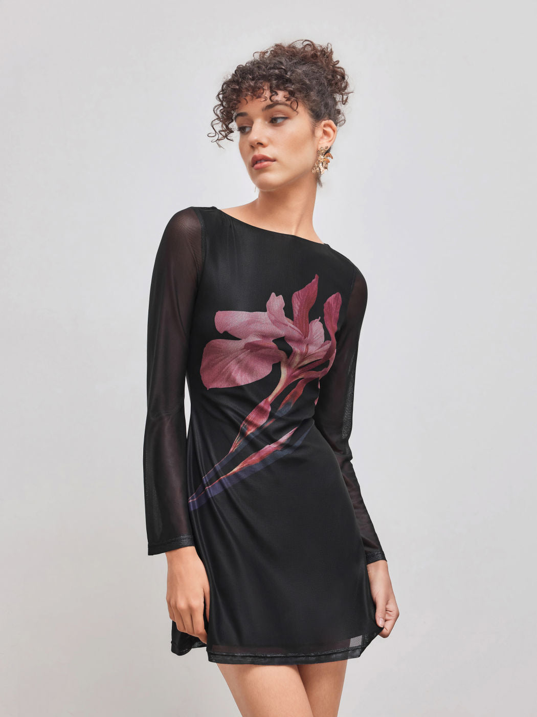 Mesh Boat Neck Floral Mini Dress