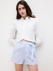 100% Cotton Mid Rise Stripe Elastic Waist Belted Shorts