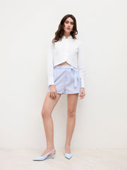 100% Cotton Mid Rise Stripe Elastic Waist Belted Shorts