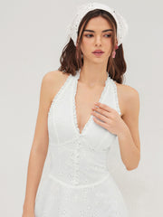 Cotton V-neck Halter Broderie Anglaise Mini Dress