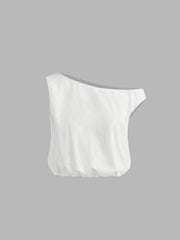 Cotton Asymmetrical Neck Bubble Hem Crop Tank Top