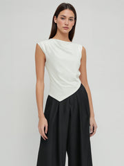 Cotton-blend Cowl Neck Asymmetrical Hem Top