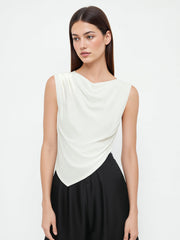 Cotton-blend Cowl Neck Asymmetrical Hem Top