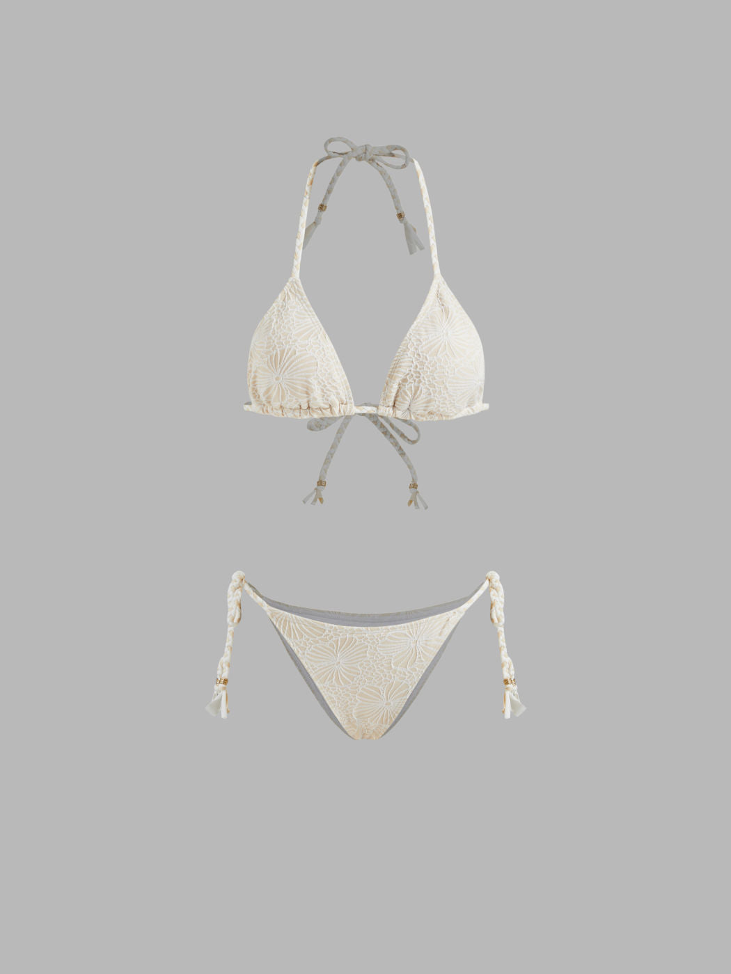 Halter Neckline Floral Beaded Triangle Tie Side Bikini Set