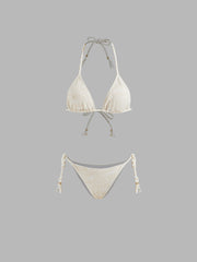 Halter Neckline Floral Beaded Triangle Tie Side Bikini Set