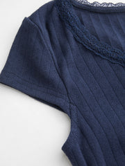 100% Cotton V-neck Lace Trim Bowknot Ruched Tee