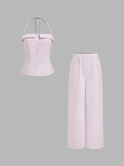 Linen-blend Halter Neckline Stripe Cami Top & Mid Rise Straight Leg Trousers