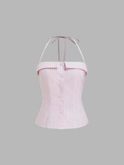 Linen-blend Halter Neckline Stripe Cami Top & Mid Rise Straight Leg Trousers