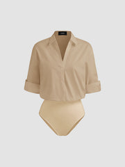 100% Cotton Collar Roll-up Sleeve Shirt Bodysuit & Mid Rise Solid Pocket Straight Leg Trousers