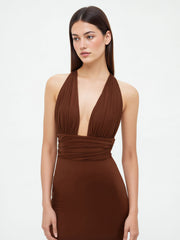 V-neck Halter Ruched Knotted Mini Dress