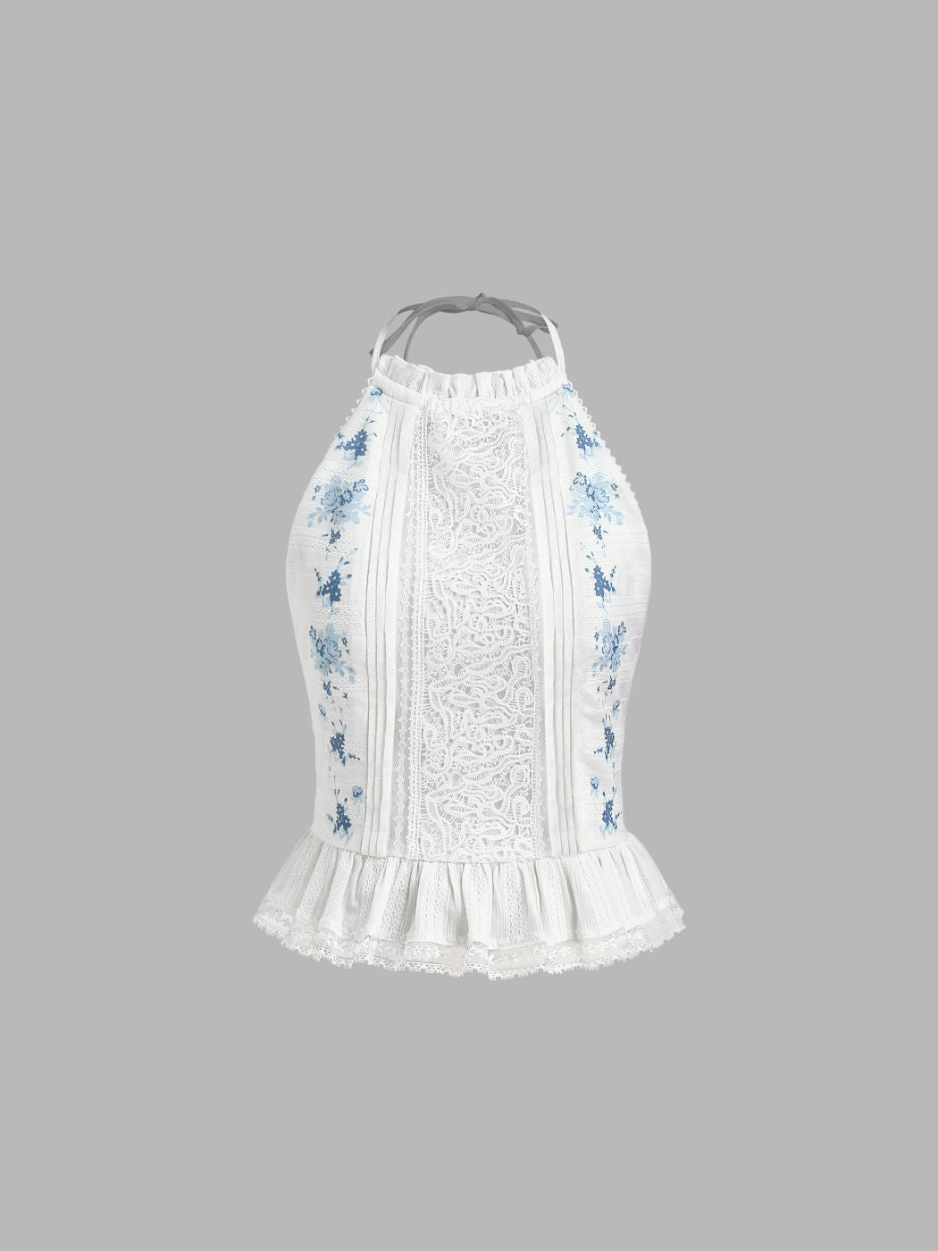 Cotton Halter Neckline Floral Shirred Ruffle Hem Lace Trim Tank Top