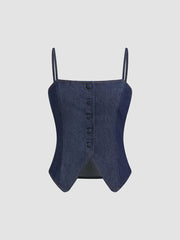Denim Square Neck Cami Top & Mid Rise Pleated Wide Leg Jeans
