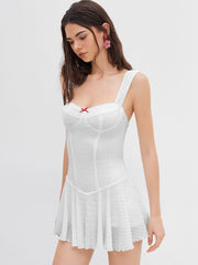 Sweetheart Texture Bowknot Ruffle Lettuce Trim Mini Dress
