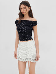 Cotton Low Rise Drawstring Ruched Lace Trim Mini Skirt
