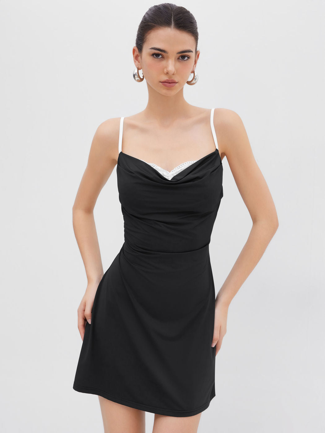 Cowl Neck Lace Trim Mini Dress