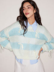 Wool-blend Round Neck Striped Bowknot Sweater