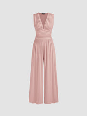 V-neck Ruched Solid Wide Leg Jumpsuit
