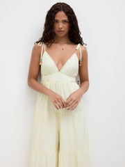 Cotton V-neck Beaded Contrasting Binding Tiered Jumpsuit