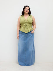100% Cotton V-neck Tie Front Shirred Blouse Curve & Plus