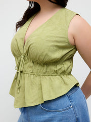 100% Cotton V-neck Tie Front Shirred Blouse Curve & Plus