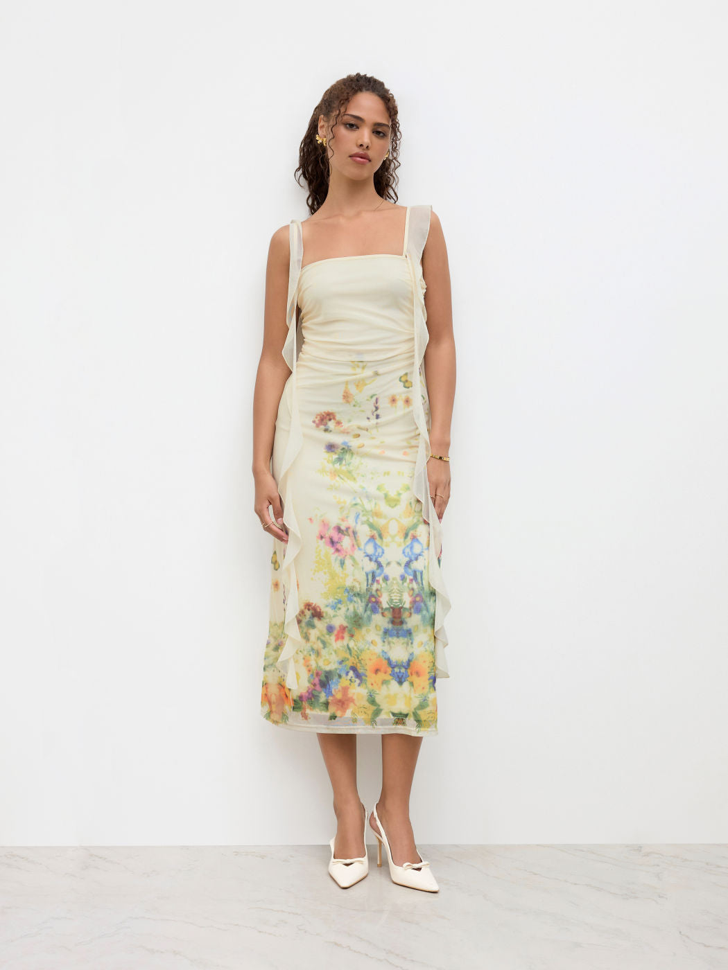 Floral Ruffle Hem Ruched Maxi Dress