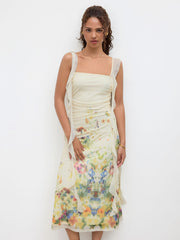 Floral Ruffle Hem Ruched Maxi Dress
