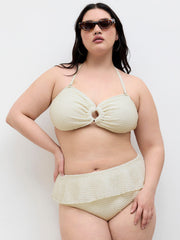 Halter Neckline O-Ring Bowknot Ruffle Hem Full Coverage Bikini Set Curve & Plus
