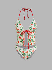 V-neck Strawberry Knotted Tankini Cheeky Bikini Set