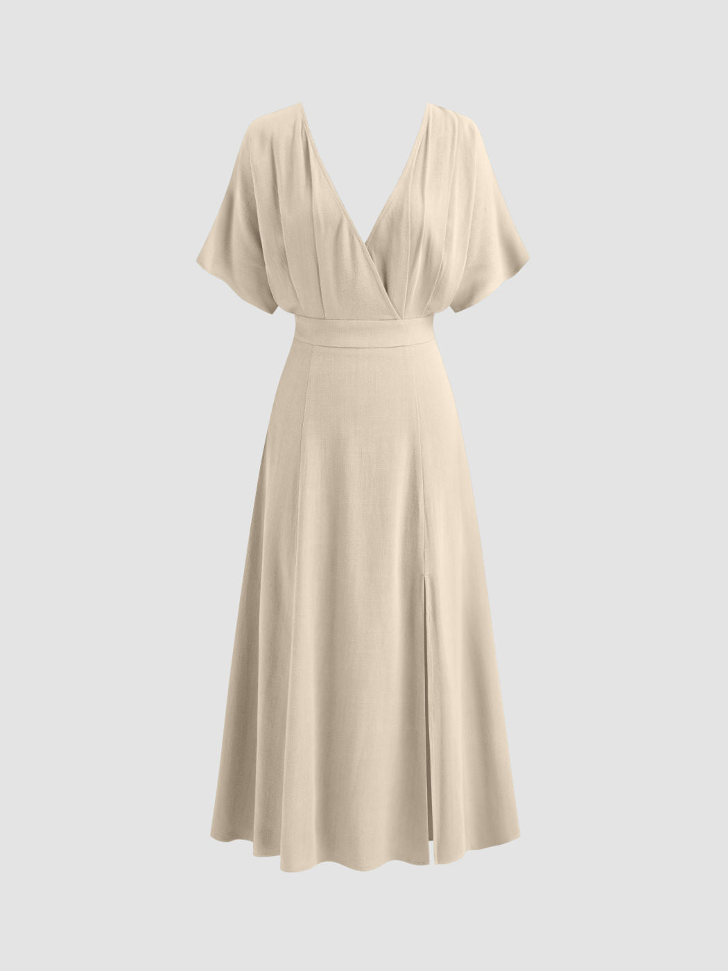 Linen-blend V-neck Solid Ruffle Split Maxi Dress